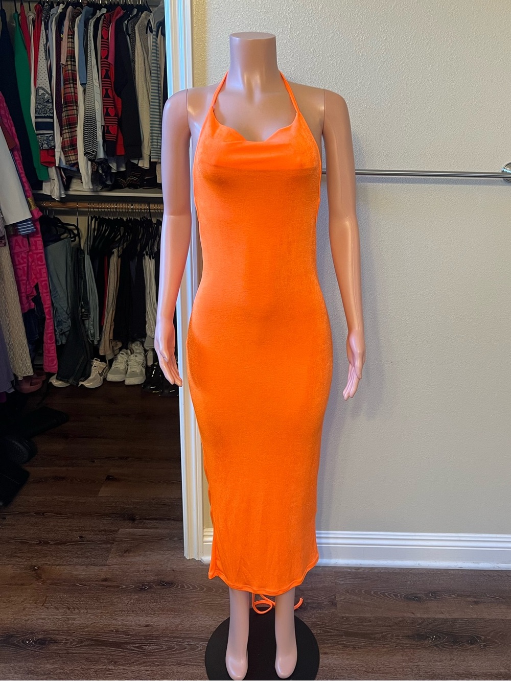 Bright Orange Halter Midi Dress. Size S-Will fit M.  NWT.